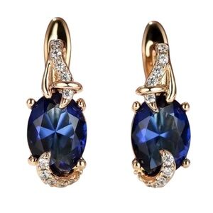 Blue Stone Stud Earrings Trendy Women Round Oval Cut 18K Gold Plated